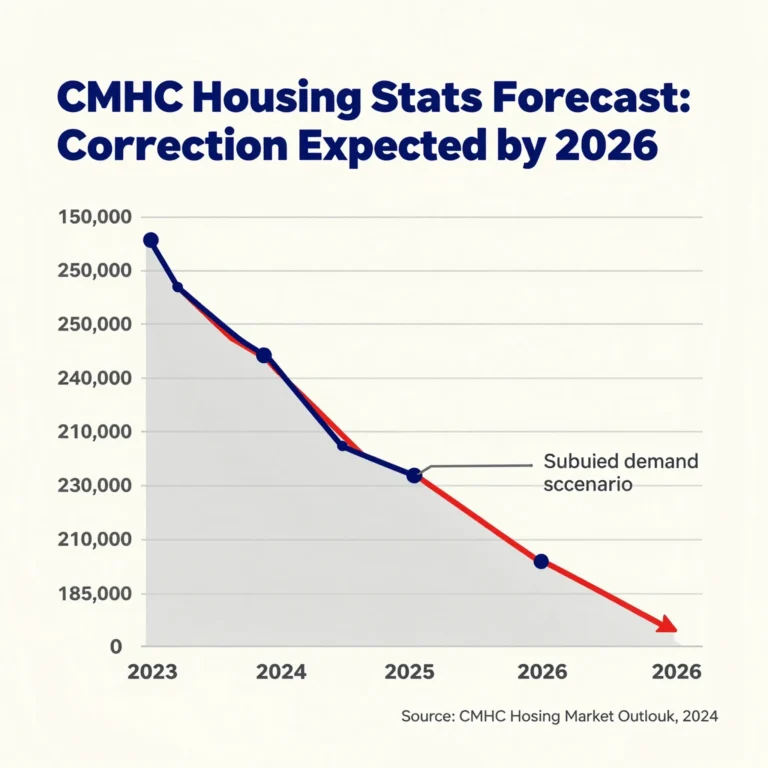 Alt: Line chart showing CMHC housing starts forecast declining from 240,000 units in 2023 to 185,000 in 2026, illustrating potential housing market recession 2026 amid subdued demand and rising interest rates.