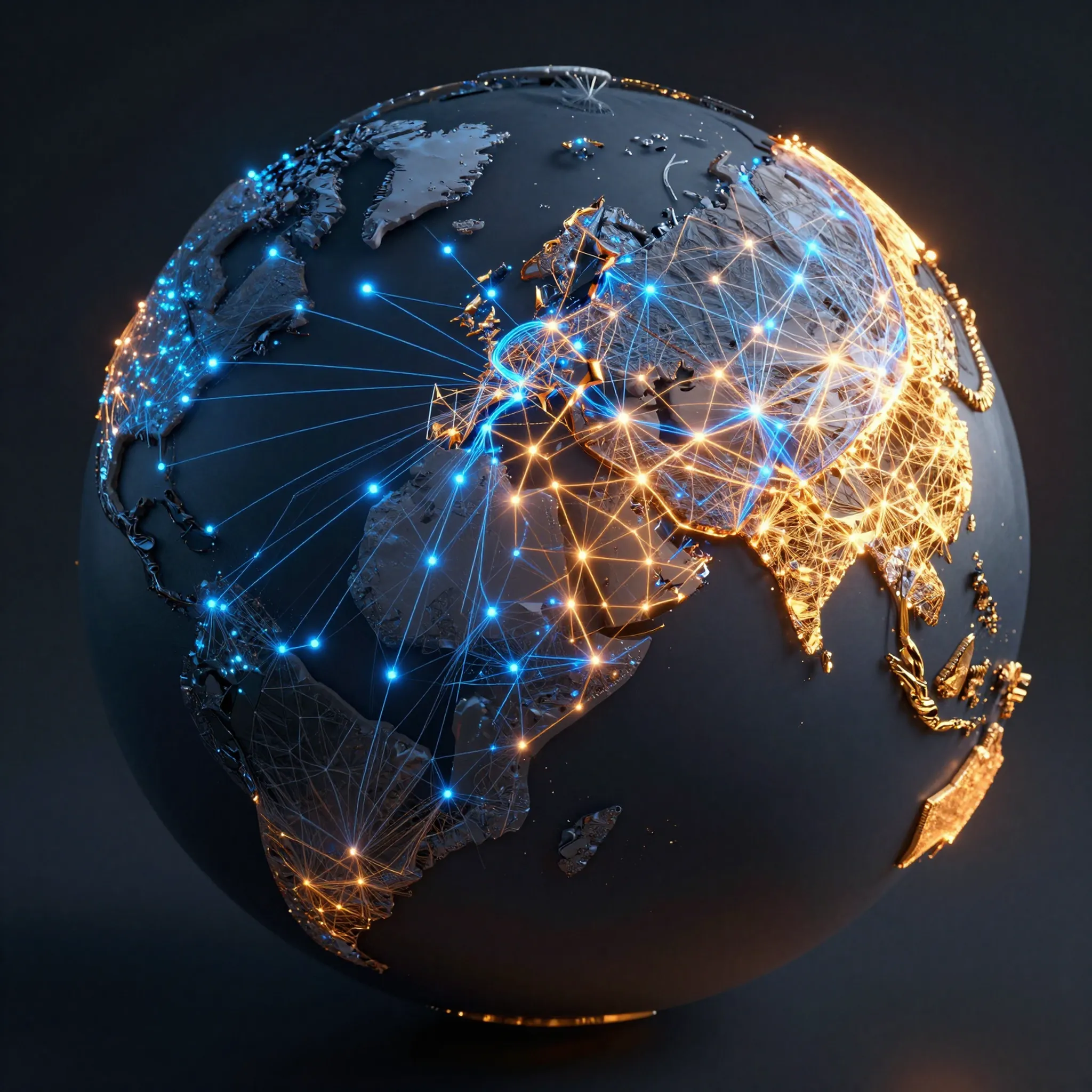 3D illustration depicting Geoeconomic Fragmentation where global trade networks divide into separate regional security blocs.