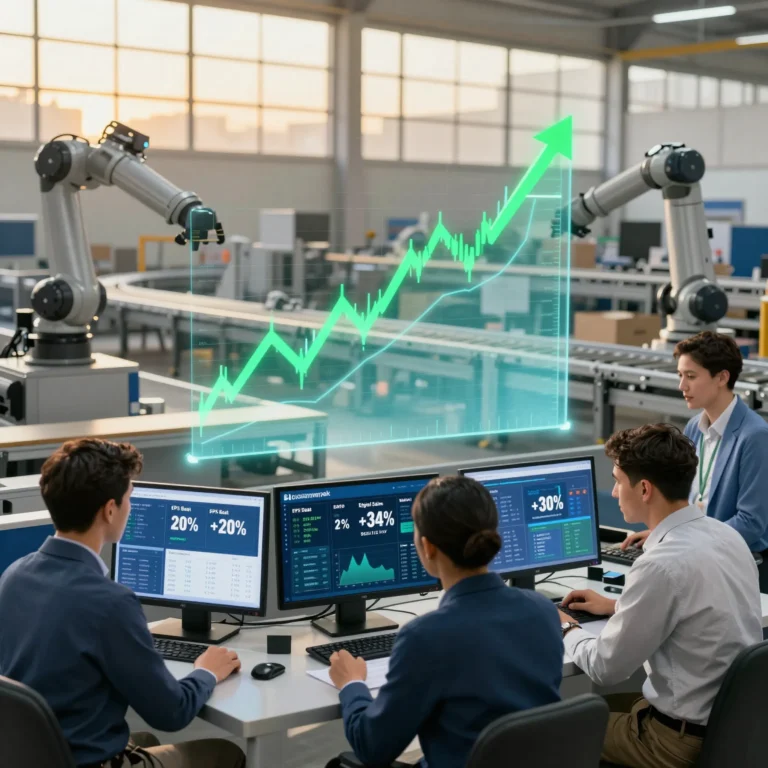 alt="Retail giant's tech-driven earnings beat visualized: AI robotics in distribution center overlaid with rising stock chart, illustrating Stock Market News analysis of automation-fueled growth"