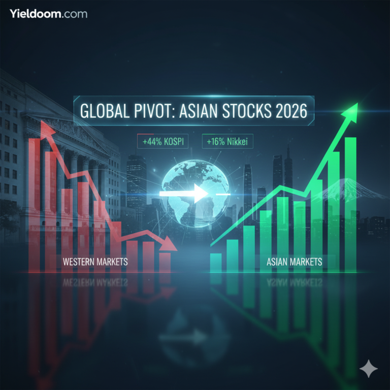 Asian Stocks 2026 infographic showing a capital rotation from declining Western markets to surging Asian markets, highlighting the +44% KOSPI and +16% Nikkei growth