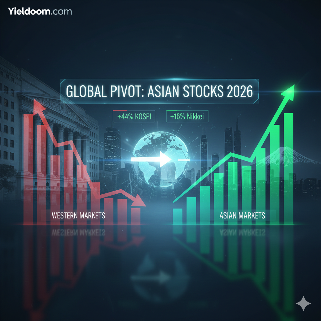Asian Stocks 2026 infographic showing a capital rotation from declining Western markets to surging Asian markets, highlighting the +44% KOSPI and +16% Nikkei growth