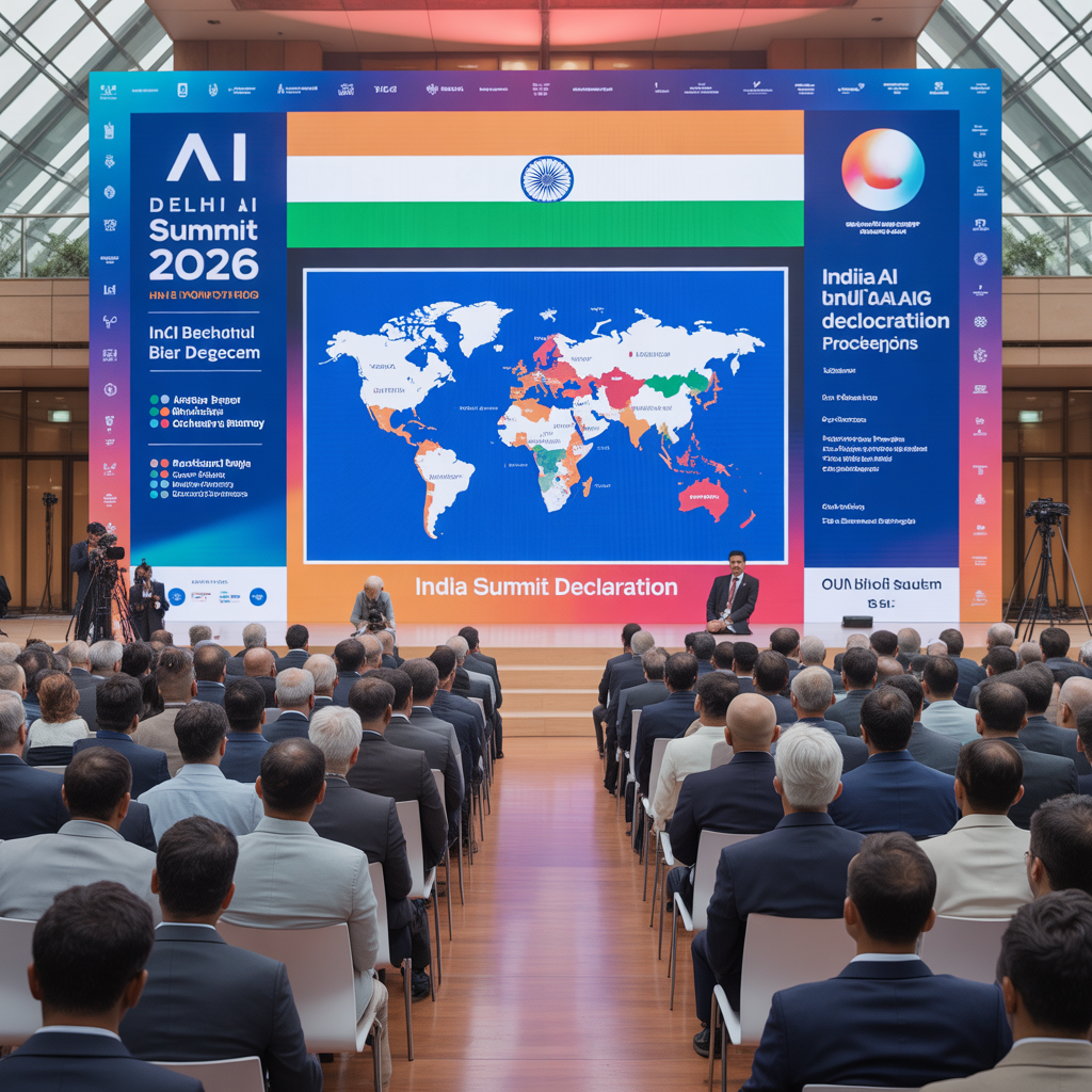 "Delhi AI Summit 2026 international delegates signing India AI Declaration with 86 nations participating in historic AI governance pact"