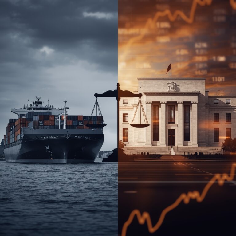 Editorial financial photograph depicting the economic conflict between US trade policy and monetary policy: cargo ships representing tariff impacts on the left, Federal Reserve building with rising interest rate graphs on the right, symbolizing how Trump trade war policies could delay or prevent anticipated interest rate cuts by the Fed in 2025-2026