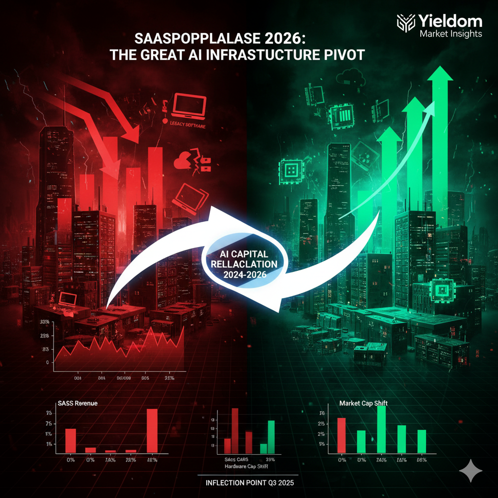 SaaSpocalypse 2026 infographic showing the brutal AI pivot from crashing software stocks to high-growth hardware infrastructure, optimized for Yieldoom market insights.