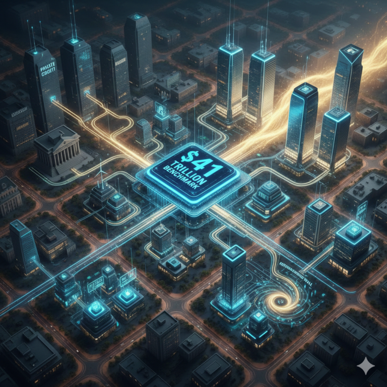 A futuristic digital cityscape representing the Private Credit $41 Trillion Benchmark, featuring a central glowing microchip glowing with financial data and light trails connecting global banking hubs in a 2026 economic visualization
