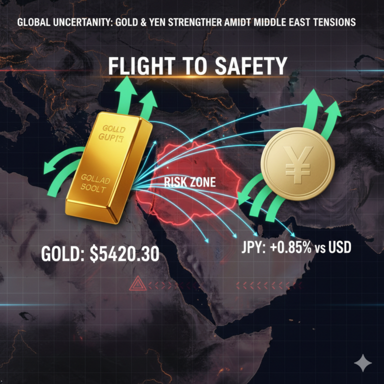 Alt Text: Safe haven flight visual: gold and Yen strengthen amid Middle East uncertainty