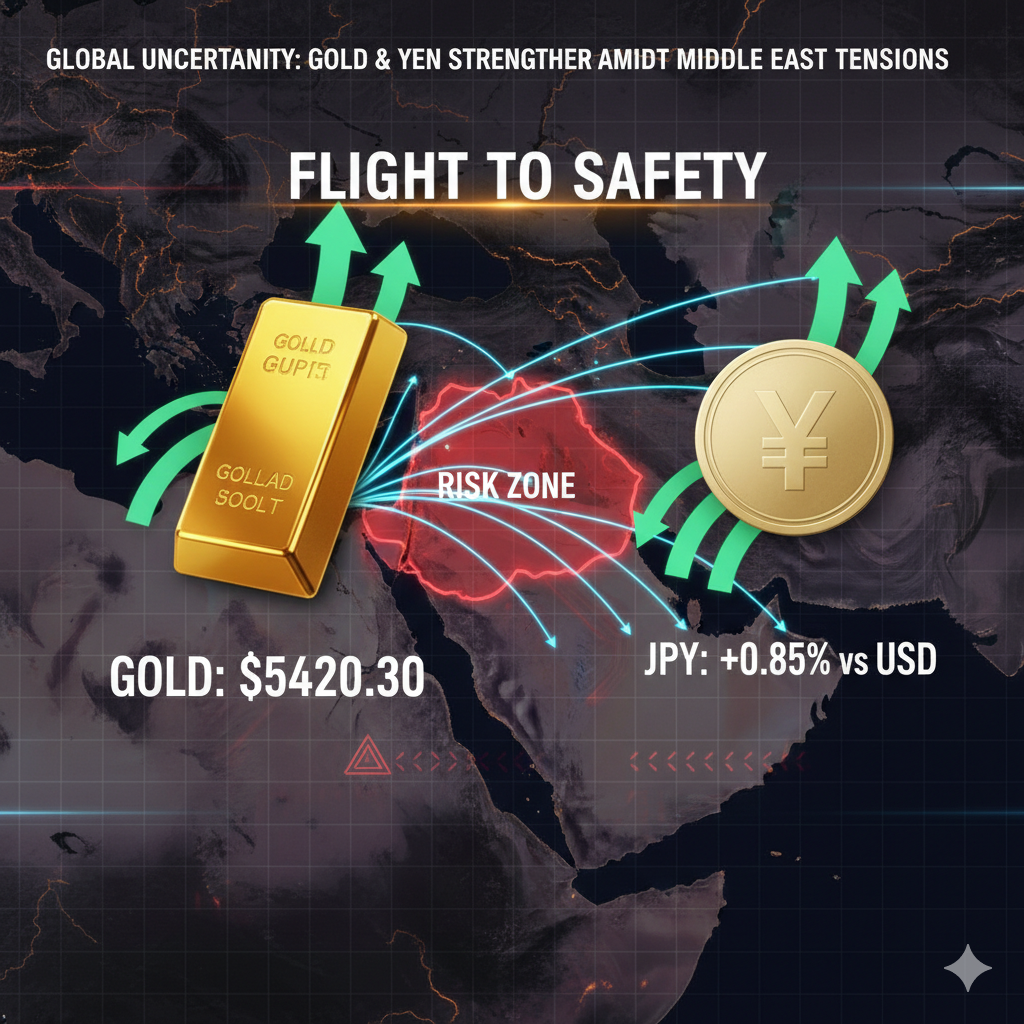 Alt Text: Safe haven flight visual: gold and Yen strengthen amid Middle East uncertainty